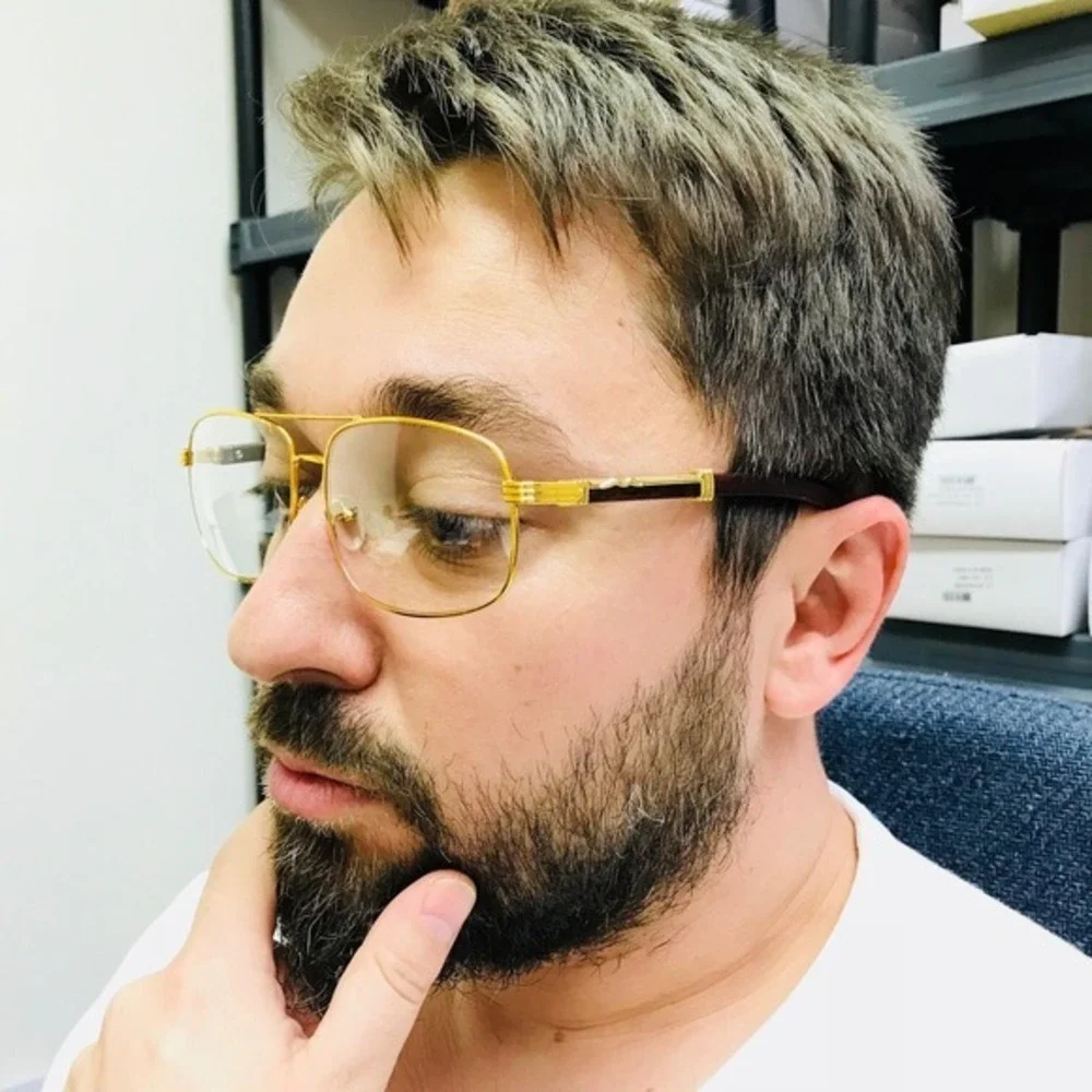 Men Sunglasses Gold Frame Wood Arms Clear‎ Lens Fashion Eyewear Glasses Street